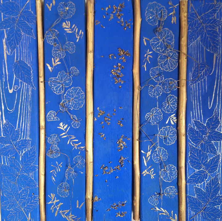 Collages intitulée "Feuilles d'Or" par Sophie Manseau, Œuvre d'art originale, Collages Monté sur Châssis en bois
