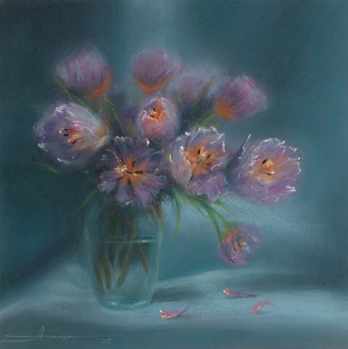 Painting titled "Pink Flowers" by Alena Root, Original Artwork, Pastel
