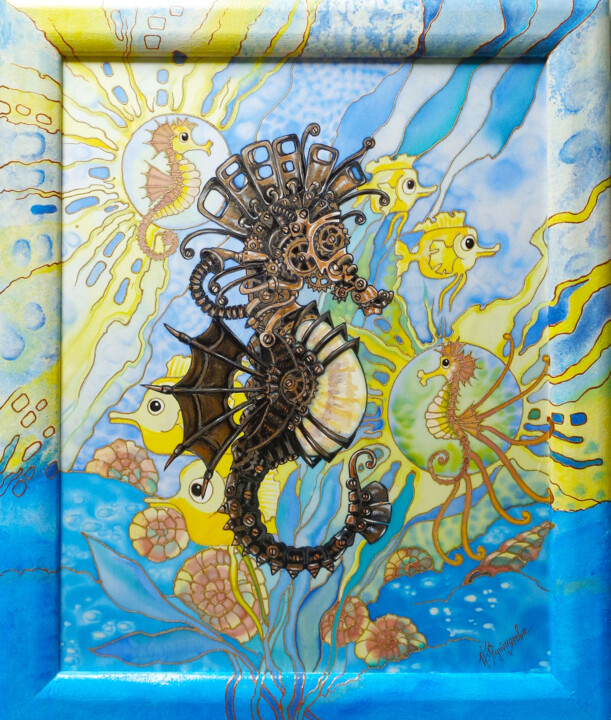 Painting titled "Steampunk Seahorse.…" by Irina Kuprijanova, Original Artwork, Acrylic Mounted on Wood Stretcher frame