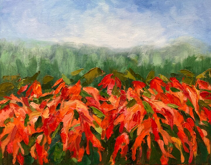 Painting titled "Red flowers" by Elena Afanaseva, Original Artwork, Oil