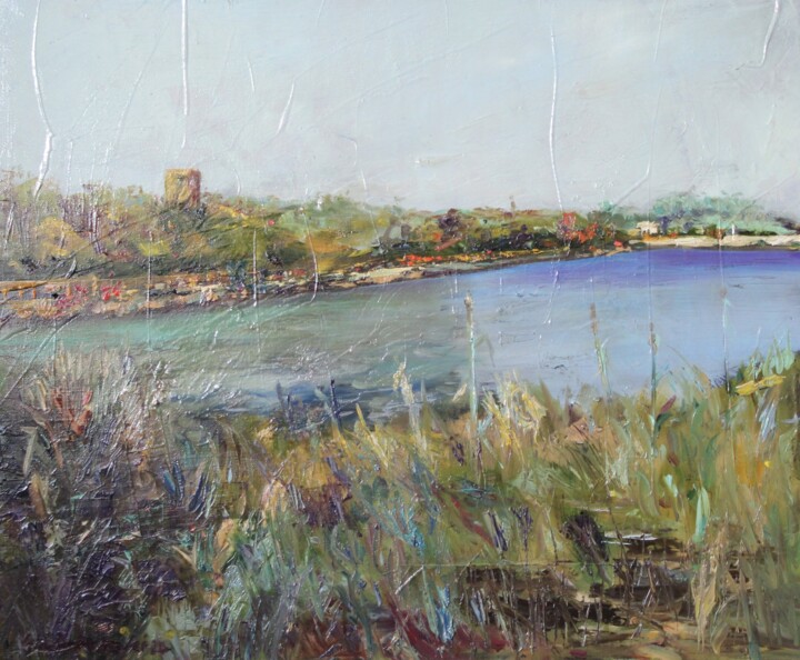 Painting titled "A Naplás tónál (At…" by Tamás Gyebrovszki, Original Artwork, Oil Mounted on Wood Stretcher frame