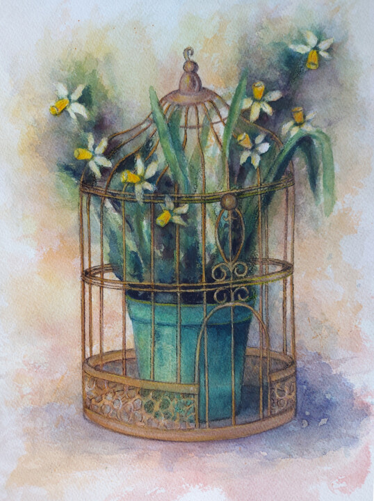 Painting titled "Delight of spring -…" by Mervi Korhonen, Original Artwork, Watercolor Mounted on Cardboard