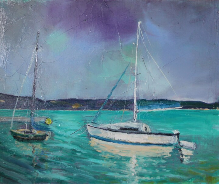 Painting titled "Kilátás a Balatonra…" by Tamás Gyebrovszki, Original Artwork, Oil Mounted on Wood Stretcher frame