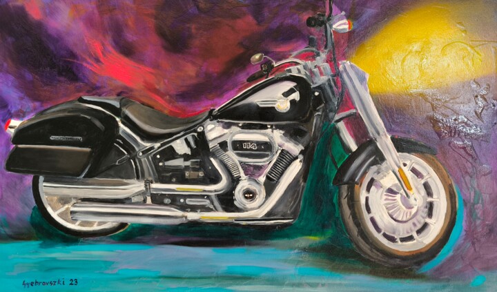 Painting titled "A Harley 114 (The H…" by Tamás Gyebrovszki, Original Artwork, Oil Mounted on Wood Stretcher frame