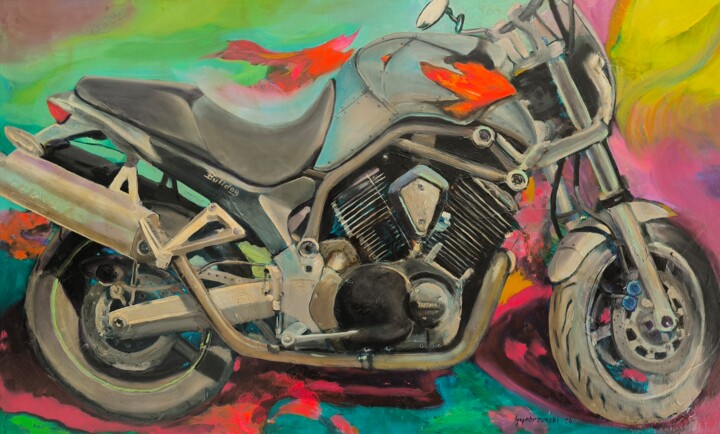 Painting titled "Patrick's bike" by Tamás Gyebrovszki, Original Artwork, Oil Mounted on Wood Stretcher frame