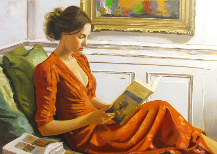 Malerei mit dem Titel "La lecture" von Karol Reber, Original-Kunstwerk, Öl Auf Keilrahmen aus Holz montiert