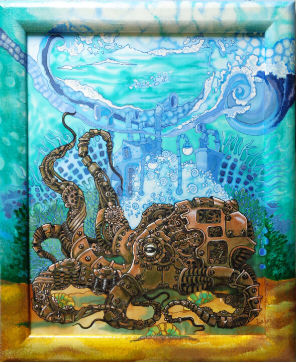 Painting titled "Steampunk Octopus.…" by Irina Kuprijanova, Original Artwork, Acrylic Mounted on Wood Stretcher frame