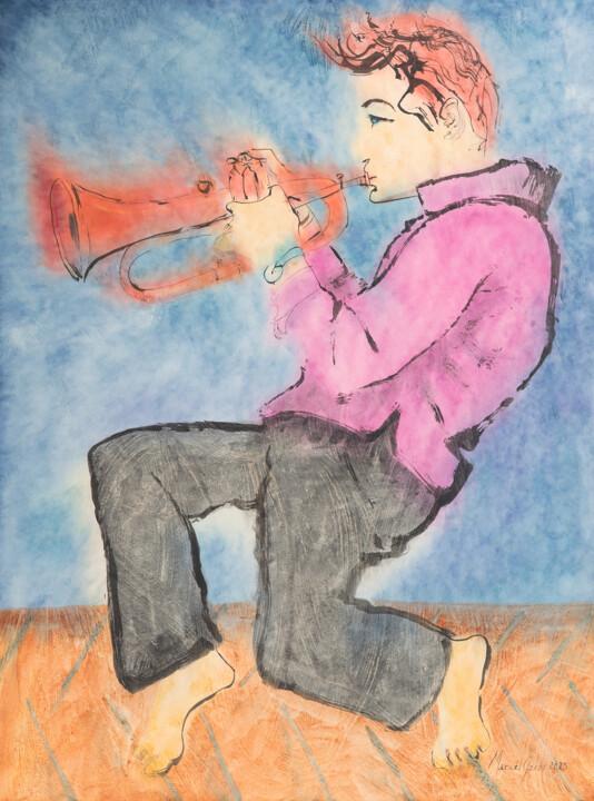 Pintura intitulada "Flugelhorner" por Marcel Garbi, Obras de arte originais, Aquarela