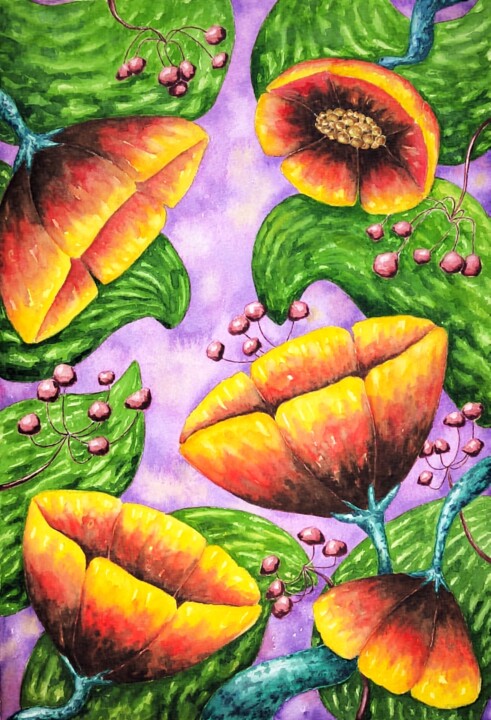 Painting titled "Tulip Garden" by Alena Masyutina, Original Artwork, Watercolor