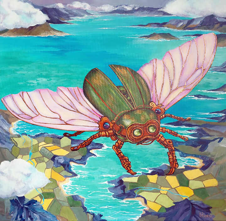 Painting titled "Steampunk Beetle ov…" by Irina Kuprijanova, Original Artwork, Acrylic