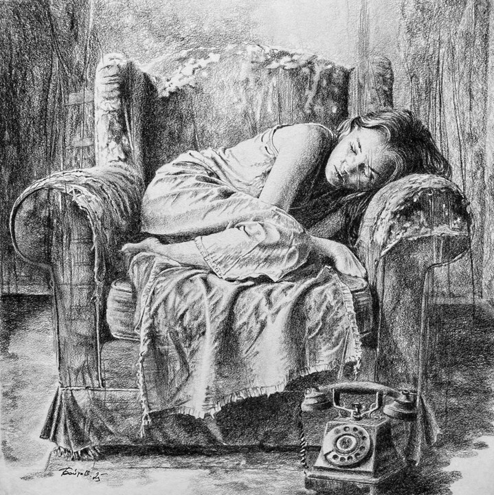 Dessin intitulée "6-ой сон Полины" par Boytsov, Œuvre d'art originale, Fusain