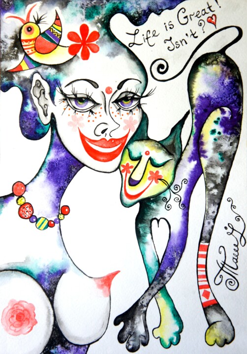 Картина под названием "Woman & Cat #1" - Iryna Tatur, Подлинное произведение искусства, Чернила