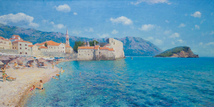 Painting titled "Montenegro. Budva.…" by Sviatoslav Barabash, Original Artwork, Oil Mounted on Wood Stretcher frame