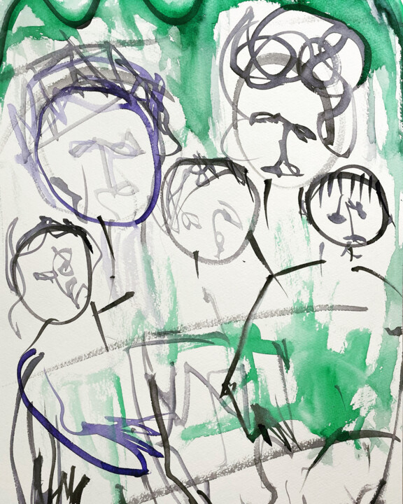 绘画 标题为“Family of Five on G…” 由Susanne Caecilie Walther, 原创艺术品, 水彩