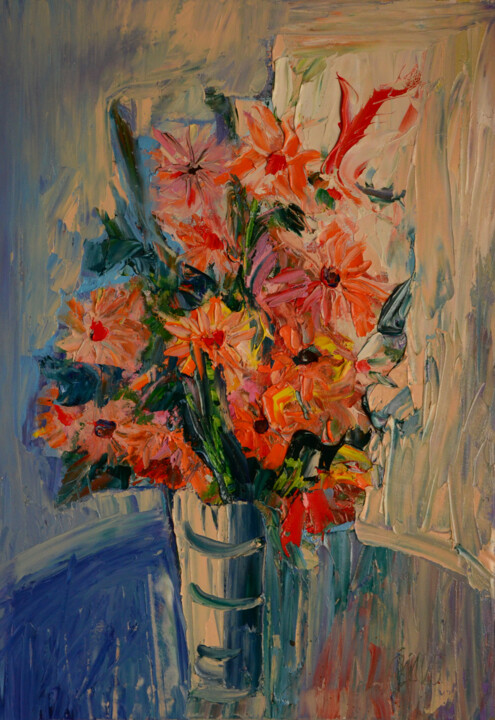 Painting titled "Autumn in Flowers" by Ihor Melnyk, Original Artwork, Oil Mounted on Wood Stretcher frame