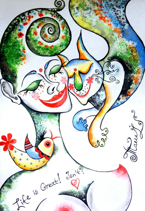 Картина под названием "Woman & Cat #2" - Iryna Tatur, Подлинное произведение искусства, Чернила