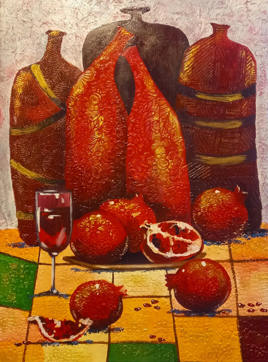 Painting titled "Pomegranate Wine" by Irina Kuprijanova, Original Artwork, Acrylic Mounted on Wood Stretcher frame