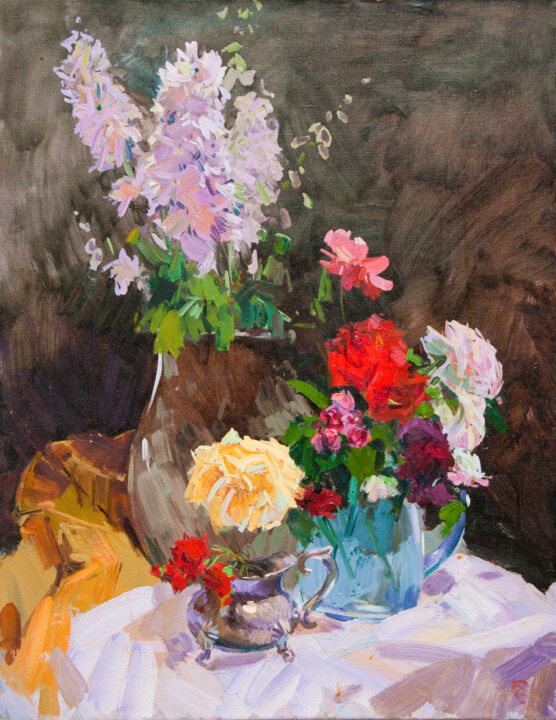 Painting titled "Roses from my garde…" by Sviatoslav Barabash, Original Artwork, Oil Mounted on Wood Stretcher frame