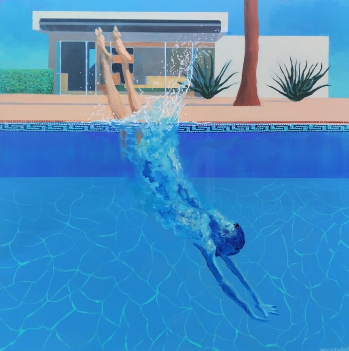 Painting titled "Pool dive" by Tam Nightingale, Original Artwork, Acrylic Mounted on Wood Stretcher frame