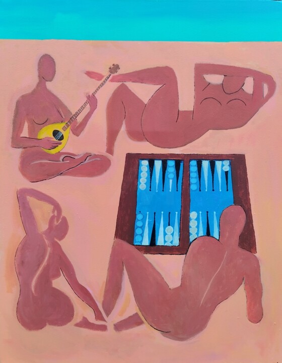 Painting titled "Backgammon sur la p…" by Tam Nightingale, Original Artwork, Acrylic Mounted on Wood Stretcher frame