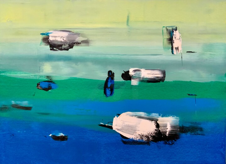 Pintura intitulada "Le barche" por Alberto Saka, Obras de arte originais, Óleo Montado em Armação em madeira