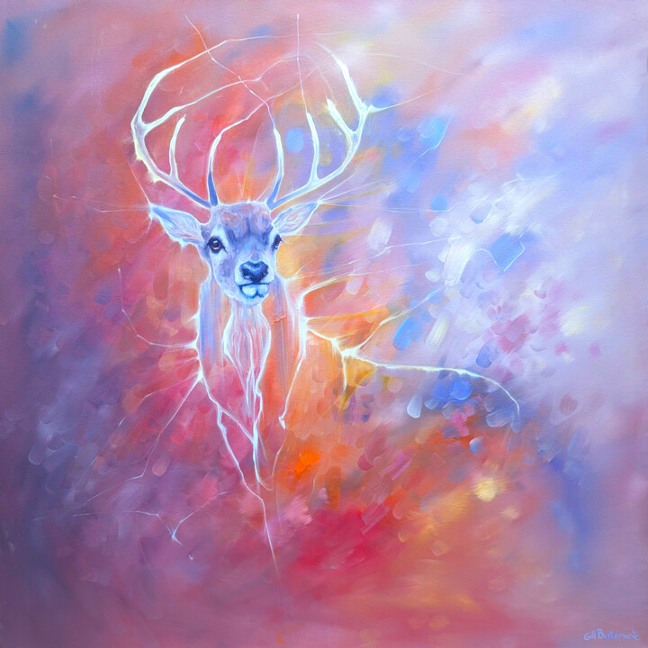 Pintura intitulada "Stag in the Ether" por Gill Bustamante, Obras de arte originais, Óleo Montado em Armação em madeira