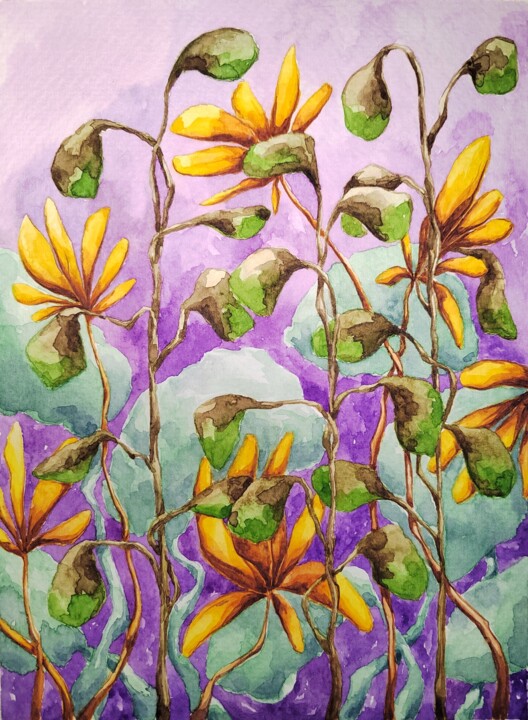 Painting titled "Between Leaves" by Alena Masyutina, Original Artwork, Watercolor