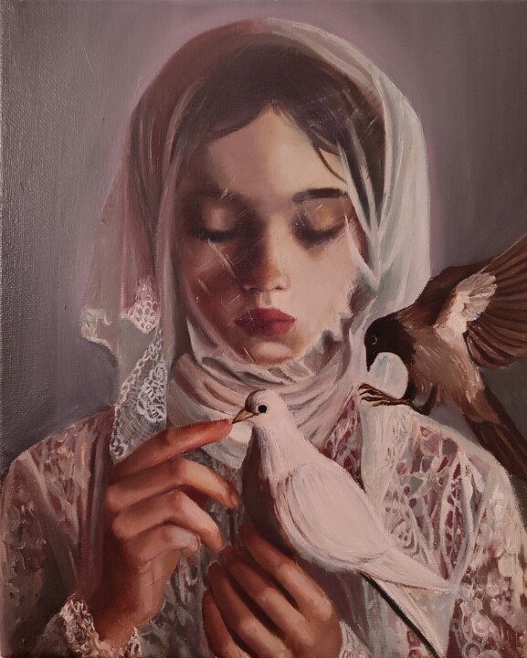 Pintura intitulada "IL velo della colom…" por Laura Muolo, Obras de arte originais, Óleo Montado em Armação em madeira