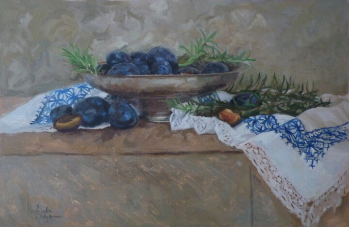 Schilderij getiteld "Plums, rosemary and…" door Radosveta Zhelyazkova, Origineel Kunstwerk, Olie