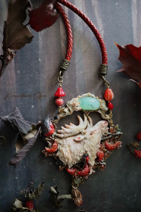 Sculpture titled "Necklace with elk "…" by Olga Kras, Original Artwork, Metals