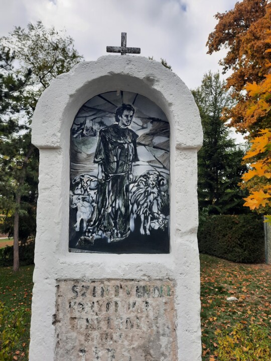 Painting titled "Szent Vendel" by Jenő Dienes, Original Artwork, Enamel Mounted on Stone