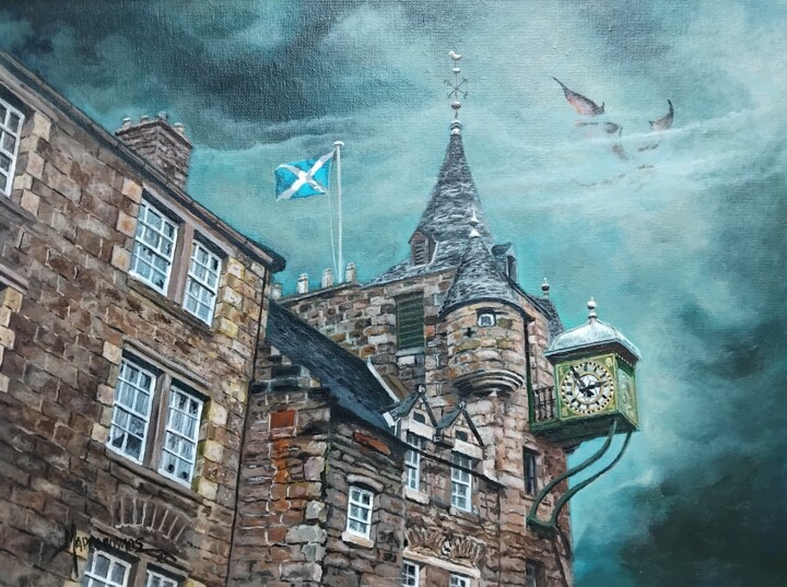 Painting titled "Canongate Tolbooth…" by Theodoros Markopoulos, Original Artwork, Acrylic Mounted on Cardboard