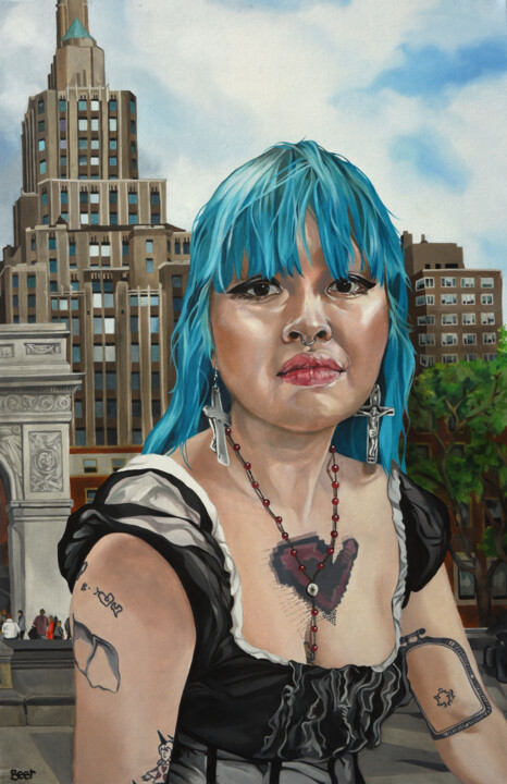 Pintura intitulada "Electric blue Chris…" por Jo Beer, Obras de arte originais, Óleo Montado em Armação em madeira