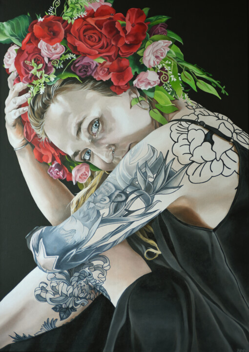 Pintura intitulada "Ink & flowers" por Jo Beer, Obras de arte originais, Óleo Montado em Armação em madeira