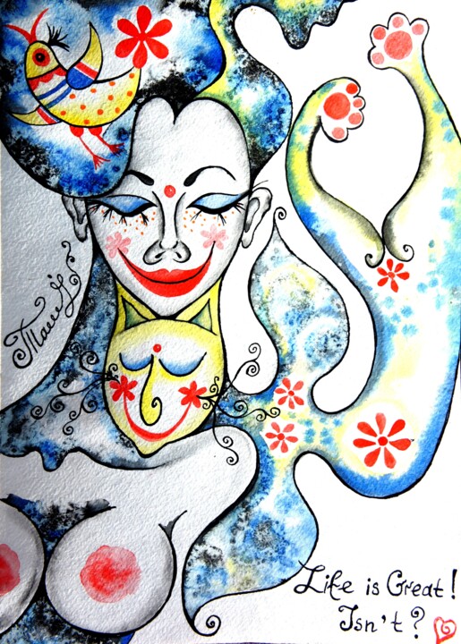 Картина под названием "Woman & Cat #3" - Iryna Tatur, Подлинное произведение искусства, Чернила