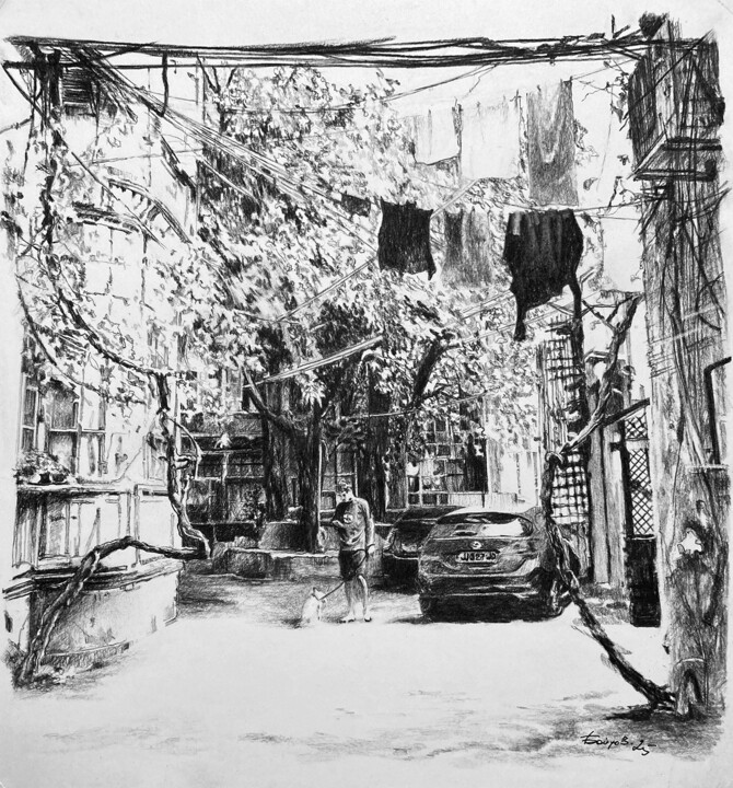 Dessin intitulée "Тбилиси. Старый дво…" par Boytsov, Œuvre d'art originale, Fusain