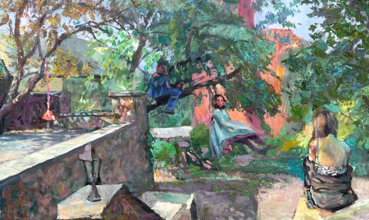 Painting titled "Echoes of Play" by Igor Galan, Original Artwork, Oil Mounted on Wood Stretcher frame