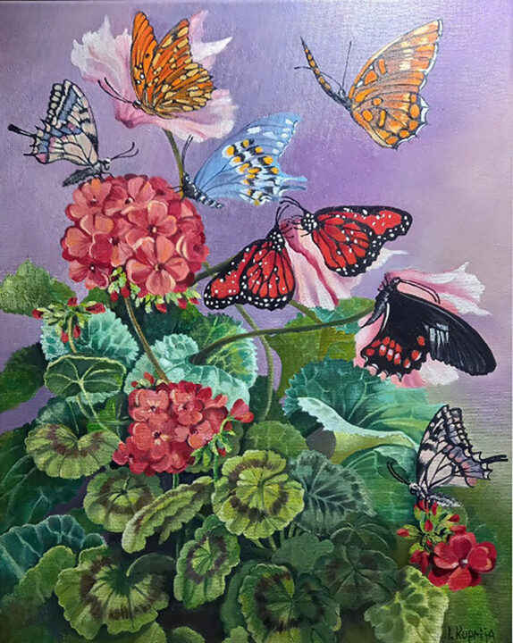 Painting titled "Butterflies and Ger…" by Irina Kuprijanova, Original Artwork, Oil Mounted on Wood Stretcher frame
