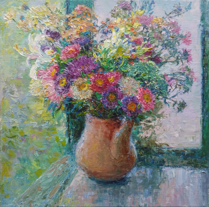 Painting titled "Autumn in a jug" by Gunchenko, Original Artwork, Oil Mounted on Wood Stretcher frame