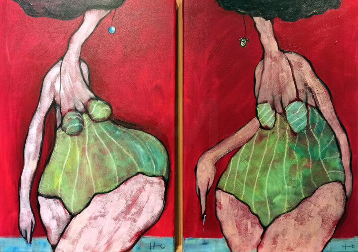 绘画 标题为“Ses Dones (díptico)” 由Eva Hidalgo, 原创艺术品, 丙烯 安装在木质担架架上