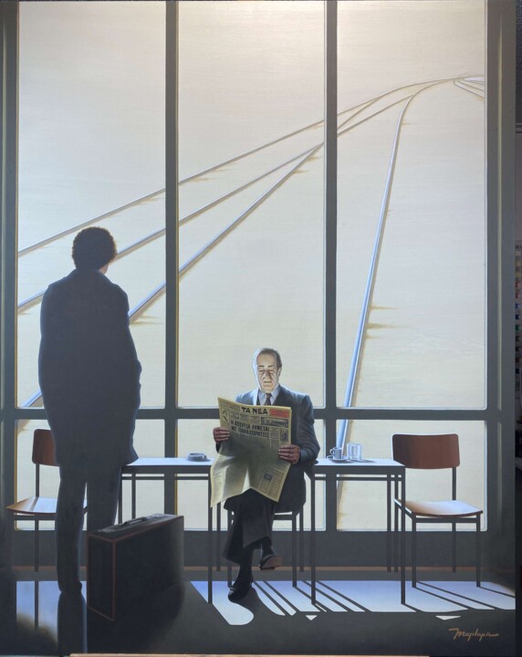 Painting titled "LEAVING" by Manolis Maridakis, Original Artwork, Oil Mounted on Wood Stretcher frame