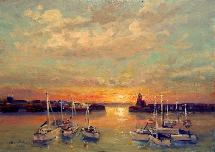 Malerei mit dem Titel "Howth Harbour Sunse…" von Bill O'Brien, Original-Kunstwerk, Öl Auf Karton montiert