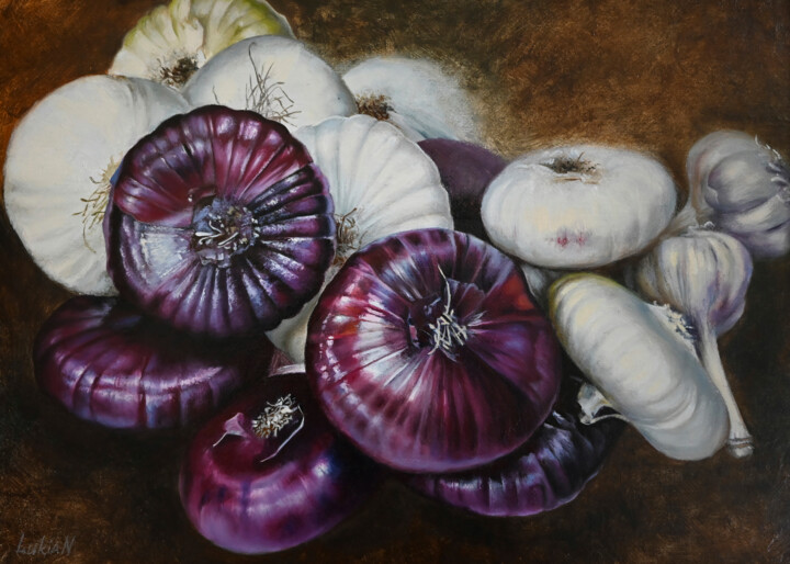 Painting titled "Red and White Onions" by Lukian, Original Artwork, Oil