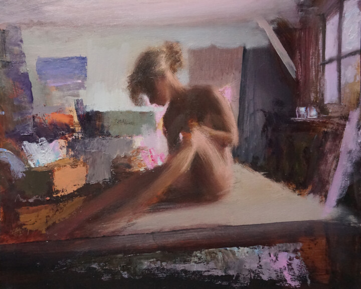 Malarstwo zatytułowany „Meg sur la table” autorstwa Manuel Leonardi, Oryginalna praca, Olej Zamontowany na Inny sztywny panel