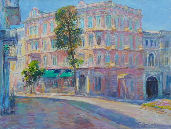 Painting titled "House on Catherine…" by Gunchenko, Original Artwork, Oil Mounted on Wood Stretcher frame