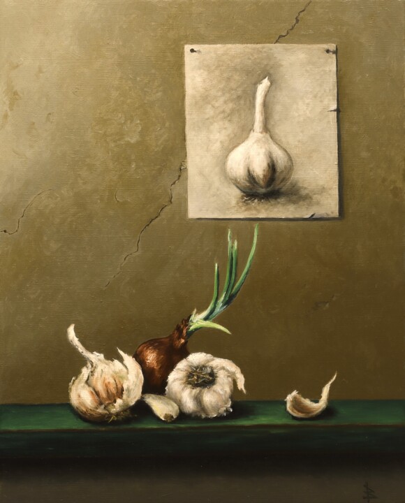 绘画 标题为“Garlic” 由Oleg Baulin, 原创艺术品, 油 安装在木质担架架上