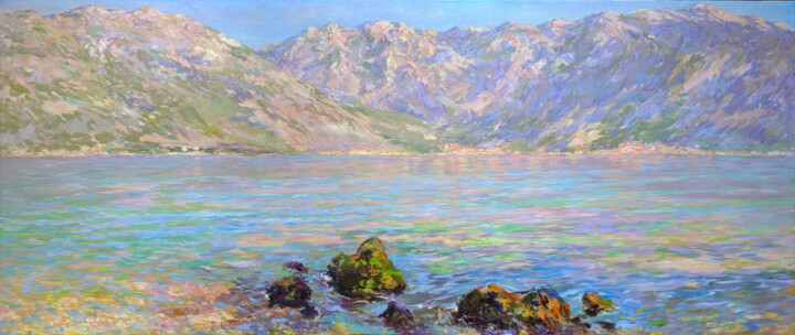 Painting titled "Bay of Kotor" by Gunchenko, Original Artwork, Oil Mounted on Wood Stretcher frame