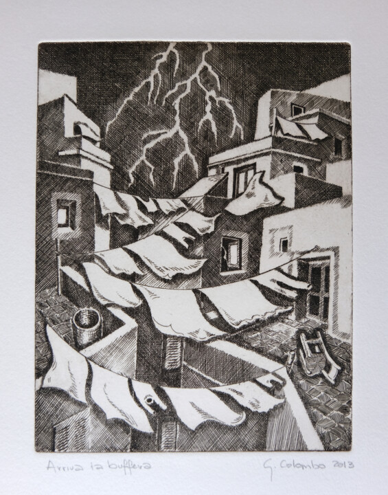 Impressões e gravuras intitulada "Arriva la bufera" por Giancarlo Colombo, Obras de arte originais, Água forte