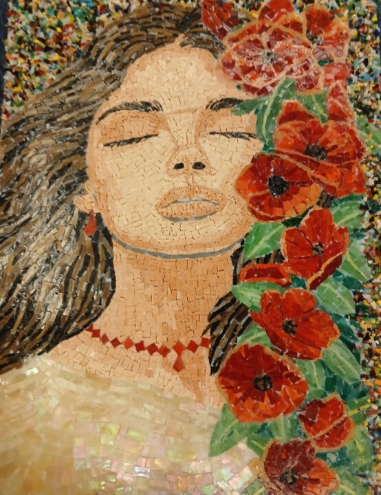 Sculpture titled "Μάτια ερμητικά κλει…" by Aphrodite Zampetake, Original Artwork, Mosaic Mounted on Wood Panel