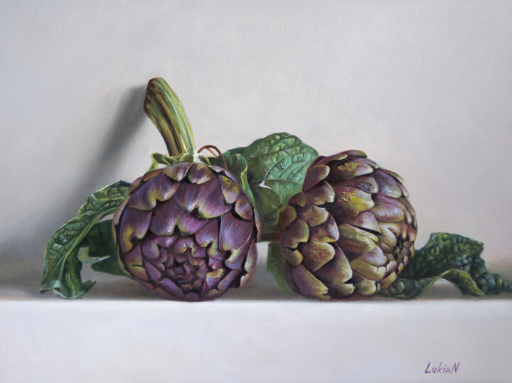 Painting titled "Purple Artichokes" by Lukian, Original Artwork, Oil
